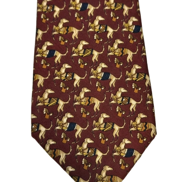 Salvatore Ferragamo Dark Red Neck Tie Hunting Greyhound Dog. 100 Silk - Picture 2 of 6